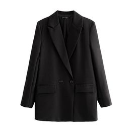 Women Black Blazer Fashion Office Wear Double Breasted Blazer Coat Vintage Long Sleeve Pockets Female Outerwear Chic Tops 220402