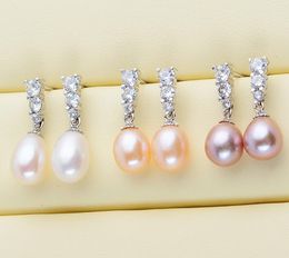 S925 Silver 3 zircon Ear Studs Dangle & Chandelier natural Freshwater pearl Earrings white purple Pink Lady/girl Fashion Jewellery