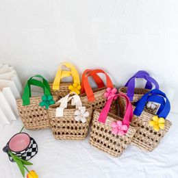 Children summer Braiding handbag girl 3D flowers candy color beach one shoulder bags kids flower straw woven bag F1132