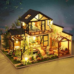 adult doll japan UK - Big Dollhouse Diy Miniature Building Kit Model Japanese Style Wooden House With Light Doll House Furniture Kids Toys Adult Gifts AA220325