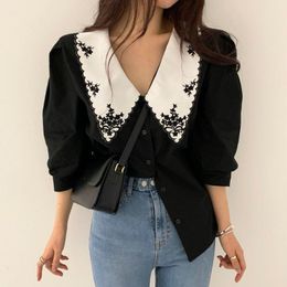 Women's Blouses & Shirts HOUZHOU Elegant Women Puff Half Sleeve Black White Office Clothes Korean Fashion Summer Embroidered Tops 2022