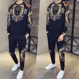 2020 New Autumn Sweater Digital Printing Pullover Long Sleeve Loose Trendy All match Sweat Suit High Quality Two Piece Set Men LJ201126