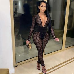 Club Wear Mesh Plaid Sexy Jumpsuits Sequins See Though Monos Mujer Women Autumn Long Sleeve Transparent Skinny Jumpsuit Outfit 210709