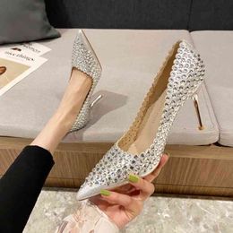 2022 Sheepskin pointed toe high heels women's new stiletto dress party wedding shoes hollow hot diamond temperament single shoes G220527