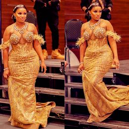 2022 Plus Size Arabic Aso Ebi Gold Sparkly Mermaid Prom Dresses Beaded Crystals Evening Formal Party Second Reception Birthday Engagement Gowns Dress ZJ264