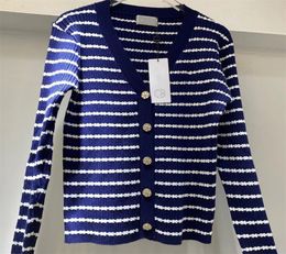 Kadın Örgü Sweaters Casual Stripes Hırka Uzun Kollu Örgü Yün Kalın Jumper Lacivert Moda Giyim Klasik Tam Mektup Lady S-XL