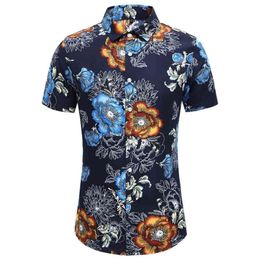 45KG120KG Summer New Fashion Mens Short Sleeve Flowers Shirt Button Down Red Blue Floral Hawaiian Shirts 4XL 5XL 6XL 7XL 210412