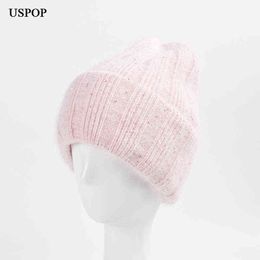 Beanie/Kafatası Kapakları Top Caps USPOP Yeni Kadın Şapkaları Kış Kalın Sıcak Örme Şapka T220823