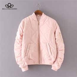 Bella autumn winter quilting bomber jacket women coat zipper long sleeve winter jacket cotton-padded pink outwears 201210