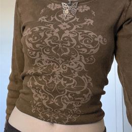 Grunge Fairycore Crop Tshirts Graphic Print Long Sleeves Slim Tops Tee Casual Crewneck Autumn Winter Fashion Harajuku Cloth 220328