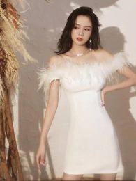 Casual Dresses Elegant Feather Off Shoulder Bandage Women's 2022 Summer Sexy Sleeve Short Track Night Club Mini Bodycon DressCasual