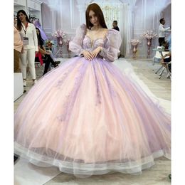 New Sweet Light Purple Quinceanera Dresses For 16 Girl Appliques Backless Long Sleeve Graduation Prom Dress Princess Ball Gown Vestidos De 15 Anos