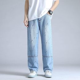 Men's Jeans Splicing For Men Fashion Simple Trousers Hiphop Trend High Street Loose Straight Wide Leg Washed Printed Denim Long PantsMen's