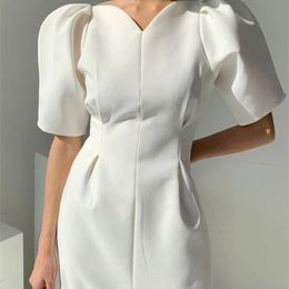 Elegant Women Short Puff Sleeve Summer Dress Korea Style Office Lady Slim Waist Female Fashion Clothes Vestdios 220513