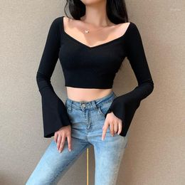 Women's T-Shirt Zoulv Spring 2022 Solid Ribbed Flare Sleeve Cropped Tops Vintage Deep V-neck Slim Sexy Black Party Elegant Tees Streetwear