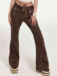 American Retro Low Waist Jeans Women And Autumn Design Feel Thin Micro-Flare Pants European Brown Denim Pants Female L220726