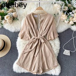 Summer Temperament Jumpsuit Women's V-neck Lace-up Waist Slimming Flared Sleeves Short Lace Wide-leg Pants 210715