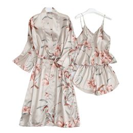 Smmoloa 3 Piece Silk Robe Women Silk Pajamas Set satin pajama sets T200429