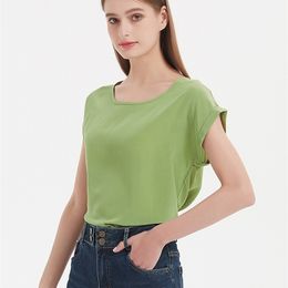 SuyaDream Woman Silk Tee 100%Real Bat Sleeved Solid Candy Colors O Neck T Shirt Summer Top 220402