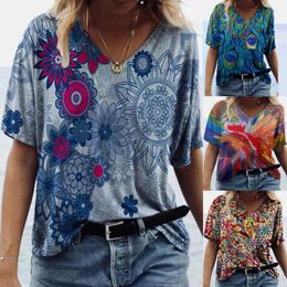 Women's Blouses & Shirts Vintage Printed Blouse Women Tops V-Neck Short Sleeve Casual Loose Tee Shirt Blusas Mujer De Moda 2022Women's