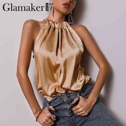 Glamaker Satin Ruffles casual loose sleeveless sexy top Women elegant office ladies all-match pleated summer top 210326