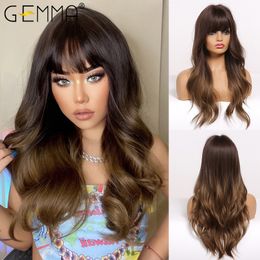 Gemma Long Water Wavy Synthetic Wigs with Bangs Ombre Dark Brown Cosplay Hair for Women African Heat Resistant Fibre 220331