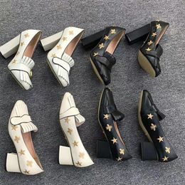 Desginer Kadınlar Yüksek Topuk Marmont Pompalar İşlemeli Gerçek Deri Loafer Ayakkabı Altın Arılar Tıknaz Topuklu Yaz Düğün Parti Ayakkabı ile Kutusu No28