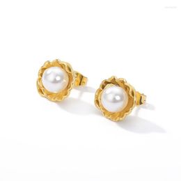 Flower Simulated Pearl Stud Earrings For Women Gold Colour Stainless Steel Female Cute Wedding Jewellery Femme Gifts Dangle & Chandelier