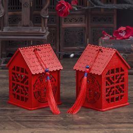 Fashion Chinese Red Classical Sugar Case Creative House Design Wood Chinese Double Happiness Wedding Favor Boxes Candy Box