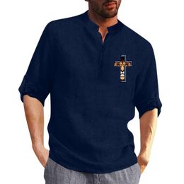 Men's Casual Shirts Mens Turn Down Collar Shirt Men Cotton Linen Print Fashion Top Blouse Loose Long Sleeve Active Tops MenMen's
