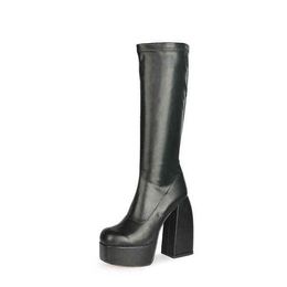 Boots 2022 Autumn and Winter New Round Head Water Platform Thick High-heeled Elastic Middle Knee High Women's 220722