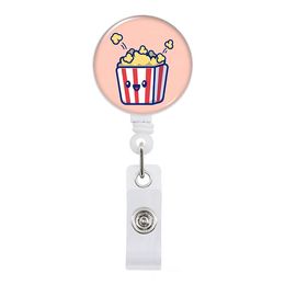 Office & School Supplies Selling Cartoon popcorn Telescopic Easy Pull Buckle Badge Reel With Back Clip Certificate Cover