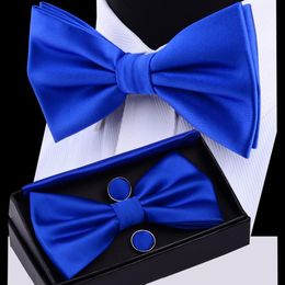 Mens Bow Tie Set Solid Double Fold Ties Waterproof Plain Blue Bowtie Hanky Cufflinks Box For Men Wedding