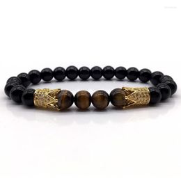 Beaded Strands 2022 Fashion Crown Bracelet Men Handmade Royal Gold Colour Pave CZ Tiger Stone Bead For Jewellery Gift Lars22