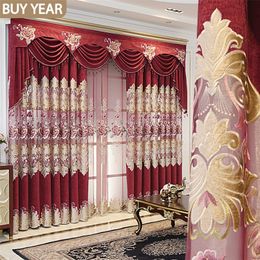 European Style Curtains for Living Dining Room Bedroom Light Luxury Snowy Embroidered Curtains Red Curtain Valance Curtain Tulle 220525