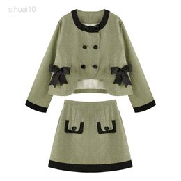 Spring Autumn Retro Bow Decorated Short Green Jacket With High Waist Short Skirt Two Piece Suit College Style Women's Outfit L220725