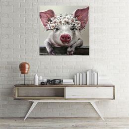 Prints Pictures Home Decor 1 Piece Bristle Pig Wearing Wreath Canvas Bristle With Flower Crown Painting Bathroom Wall Art Poster T200608