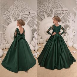2022 Green Flower Girl Sukienki klejnotowe szyi kulkowe koronkowe aplikacje koraliki z łukiem dzieci dziewczyny