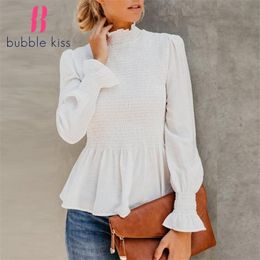 Turtleneck Blouse Flared Sleeve Solid Color Ruffles Modified Sweet Beauty Casual Shirt Elegant Woman Blouse Long Sleeve 210401