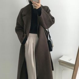 Combinação de Lã Feminina Casaco Longo Elegante com Cinto Manga Cor Sólida Casaco Chique Feminino Sobretudo Outono Inverno