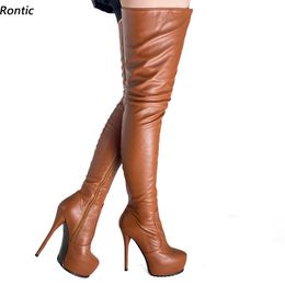 Rontic 2022 Women Winter Long Boots Platform Faux Leather Side Zipper Stiletto Heels Round Toe Black Red Shoes US Size 5-20
