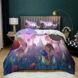 Mushroom Duvet Cover Set Cartoon Bedding Natural Plants Print Comforter Pillowcases King for Kids Adults Bedroom Decor