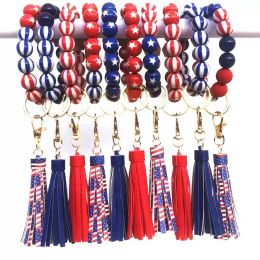 Wood Bead Bracelet Party Favour Independence Day Beads Key Chain American Flag Tassel Wristband Pendant Fashion Wristlet Bangles Holder Wrist Ring Jewellery