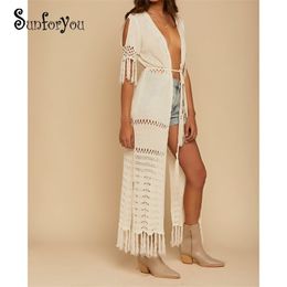 Knit Long Beach Cover up Beach Kaftan Tunics for Beach Swimsuit cover up Robe Plage Tassel Bathing suit Women Crochet cover Up 210319