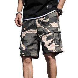 Summer Mens Outdoor Camouflage Cargo Shorts Pocket Cotton Casual Half Pants Mid Waist Drawstring Loose Shorts Bib Overalls 7XL 220629