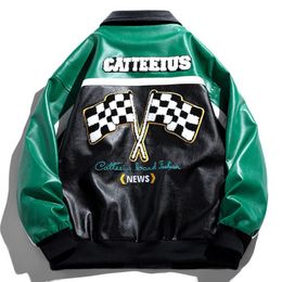 Colour Matching Leather Jacket Men Loose Plaid Print Windproof Baseball Uniform Hiphop Letter Embroidery Motorcycle Jacket Winter 220805