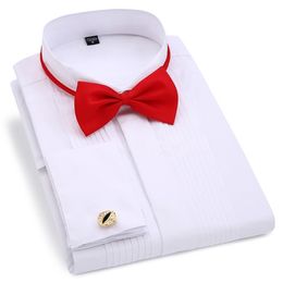 Men Wedding Tuxedo Long Sleeve Dress Shirts French Cufflinks Swallowtail Fold Dark Button Design Gentleman Shirt White Red Black 220330