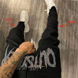 Men Stretch Destroyed Hole Taped Slim Fit Black Jeans Biker Trousers Ripped Skinny Drill Street Punk Denim Pencil Pants 220606