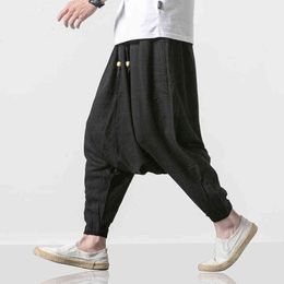 2022 Men Drop Crotch Wide Legs Pants Mens Chinese Style Linen Harem Pants Male Hip Hop Streetwear Chic Loose Pantnes Hombre L220706