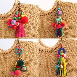 1pc Flower Charms Keychains Wooden Beads With Pompom Keyring Colourful Jewellery Boho Style